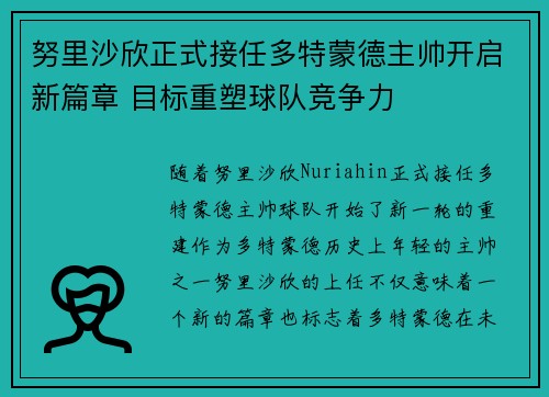 努里沙欣正式接任多特蒙德主帅开启新篇章 目标重塑球队竞争力